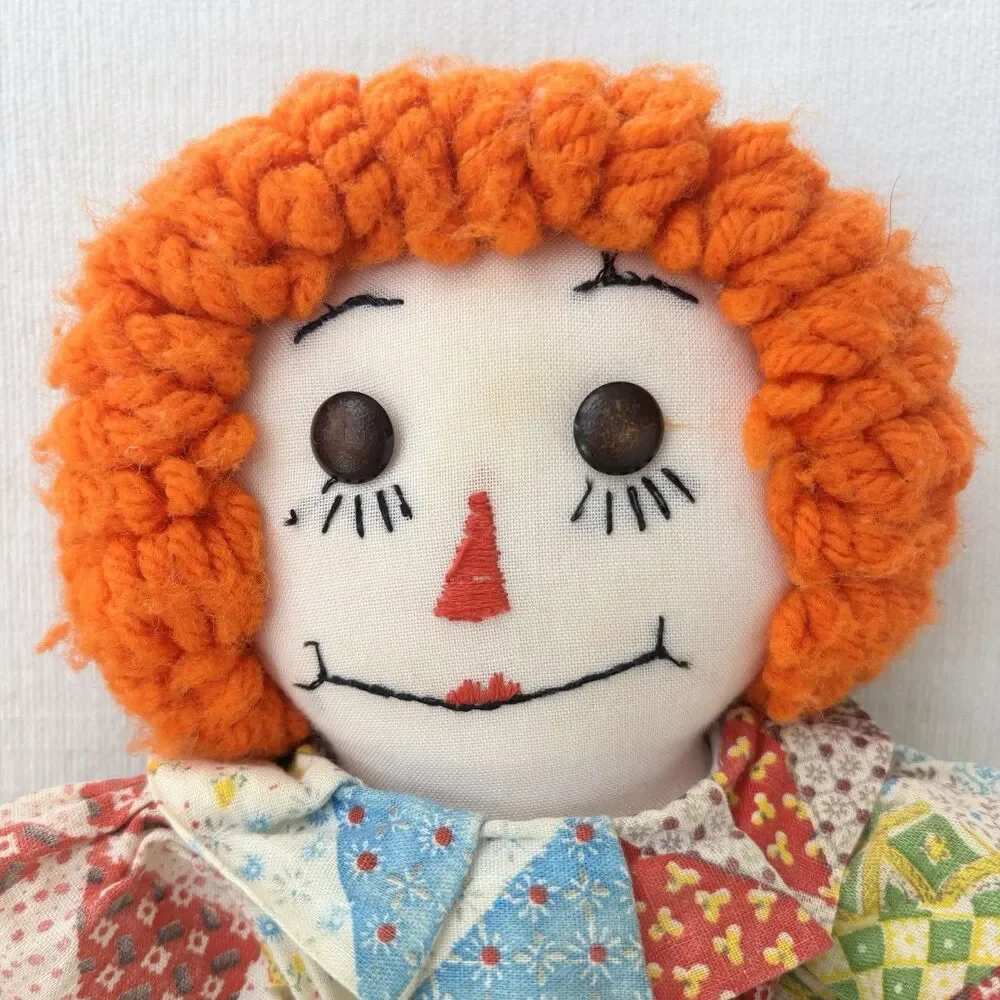Vtg Raggedy Ann Doll Handmade Folk Art Button Eyes Embroidered Patchwork Kitsch - Picture 2 of 10